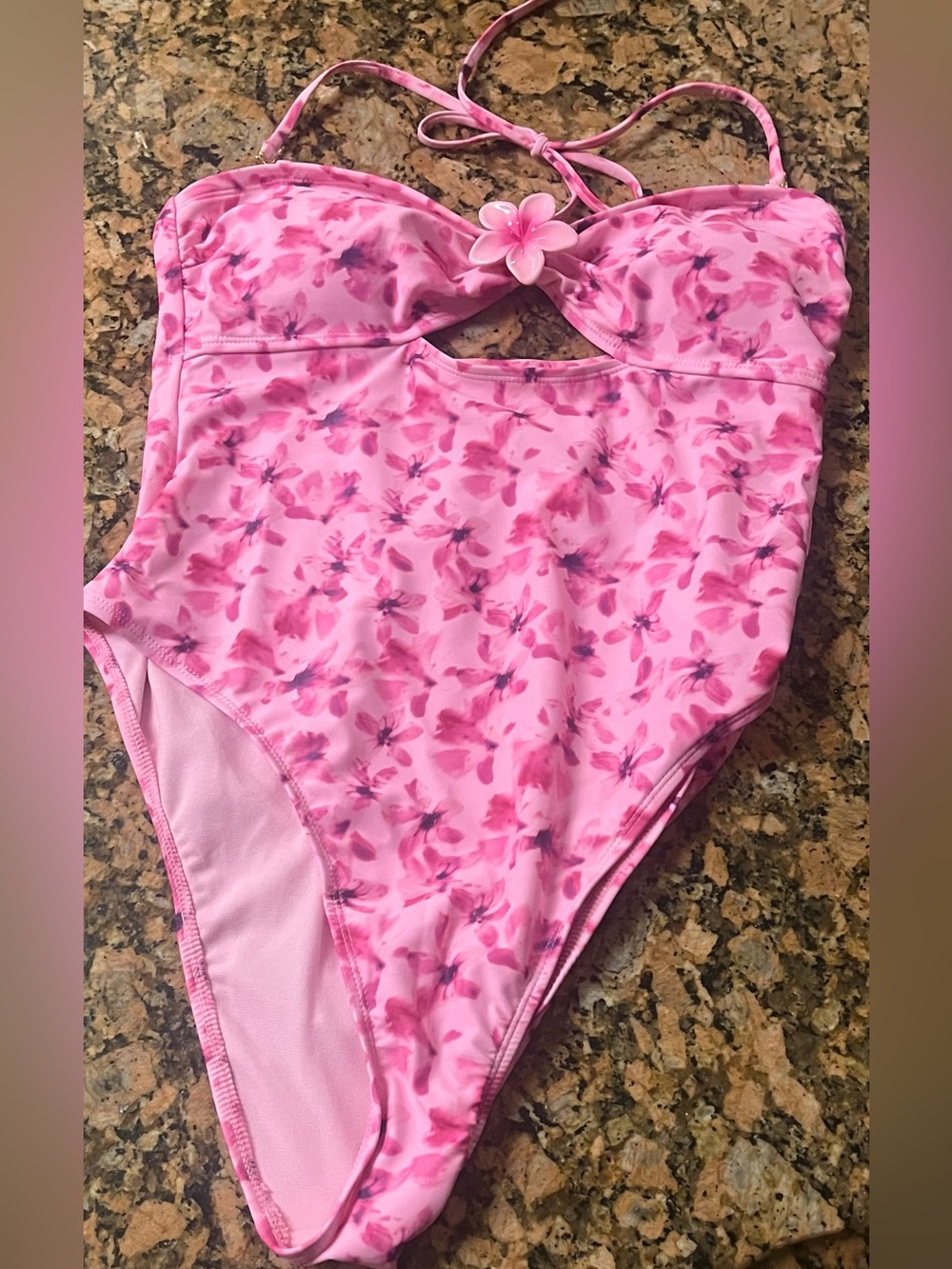 High leg cheeky one piece,bandeau swimsuit with 3D decal hibiscus flower.